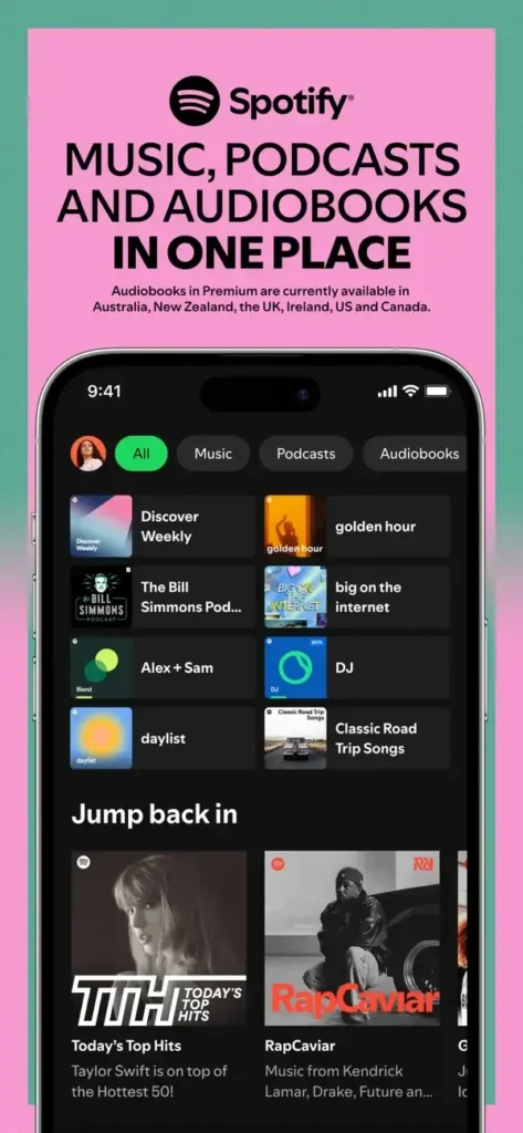 Spotify Premium APK app overview screenshot presenting music streaming, podcast access, playlist controls, audio quality, and Android details. It describes the Android app preview, download page image, key features, setup context, version details, and safe installation purpose for readers.